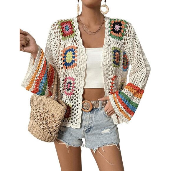 Womens Crochet Cardigan Lightweight Floral Long Sleeve Summer Beach Jacket